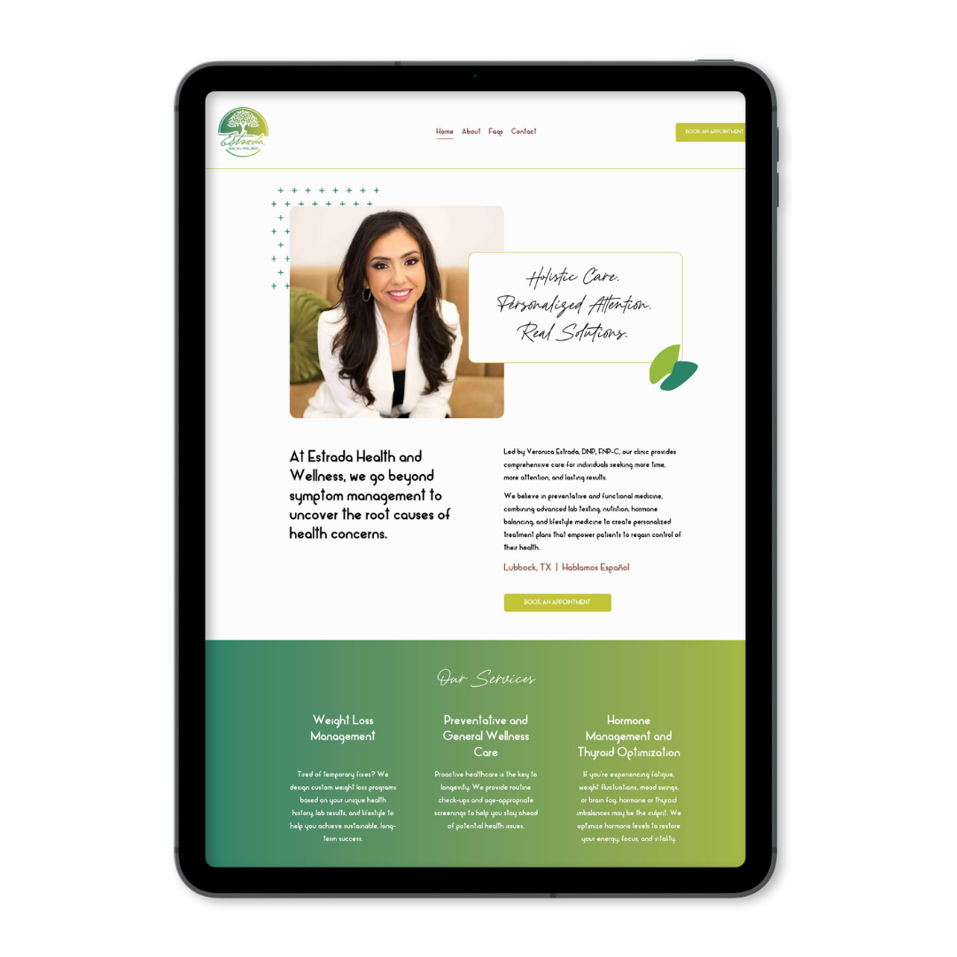 Website homepage for Estrada Health and Wellness featuring a smiling woman with long dark hair, a white blazer, and a background with green and beige tones, including menu options, a call-to-action button, and service descriptions.