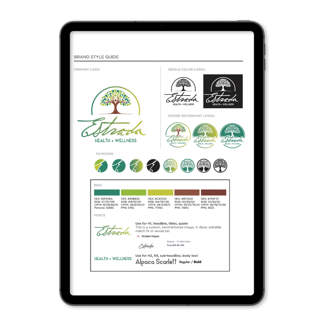 Brand style guide for Estada Health + Wellness showing various logo options, color palette, fonts, and usage instructions.