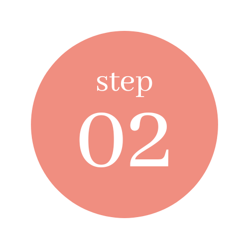 Pink circle with white text reading 'step 02' on a black background.