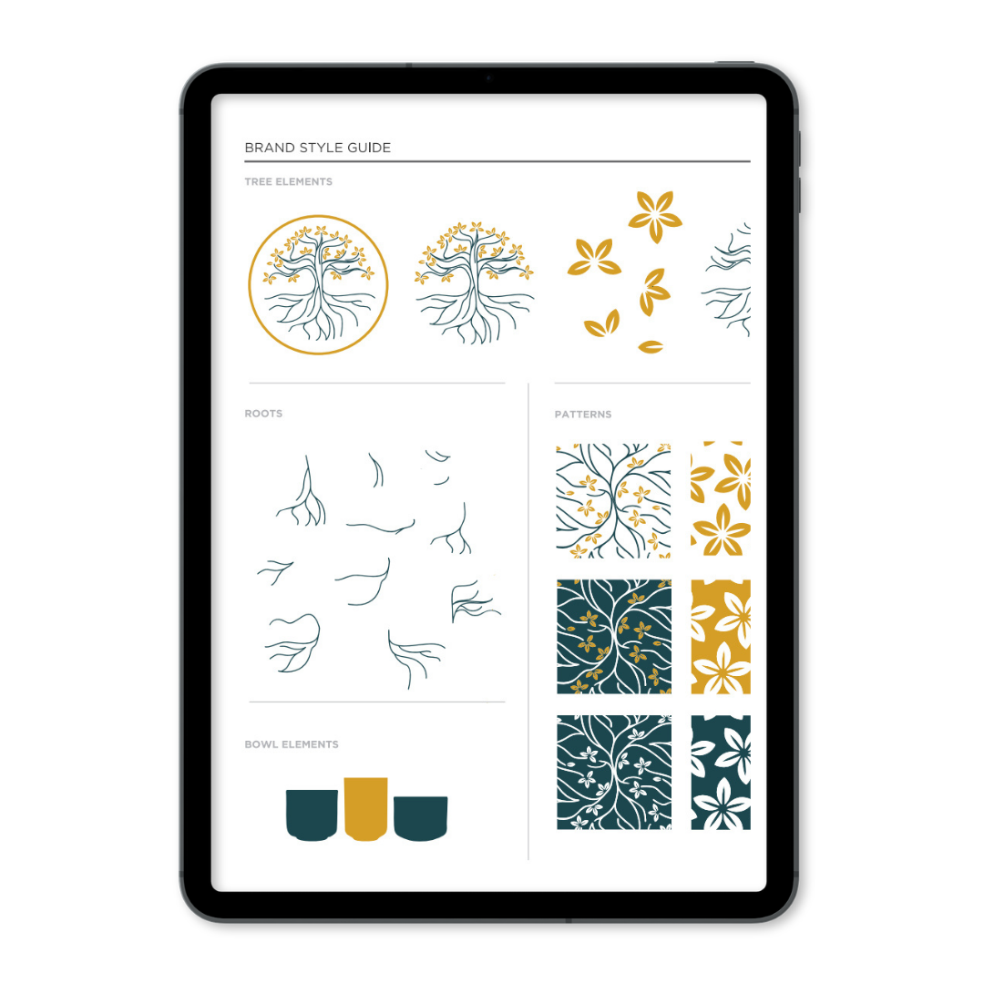 Tablet displaying a brand style guide with diagrams of tree elements, roots, pattern designs, and bowl elements in gold, navy, and gray colors.