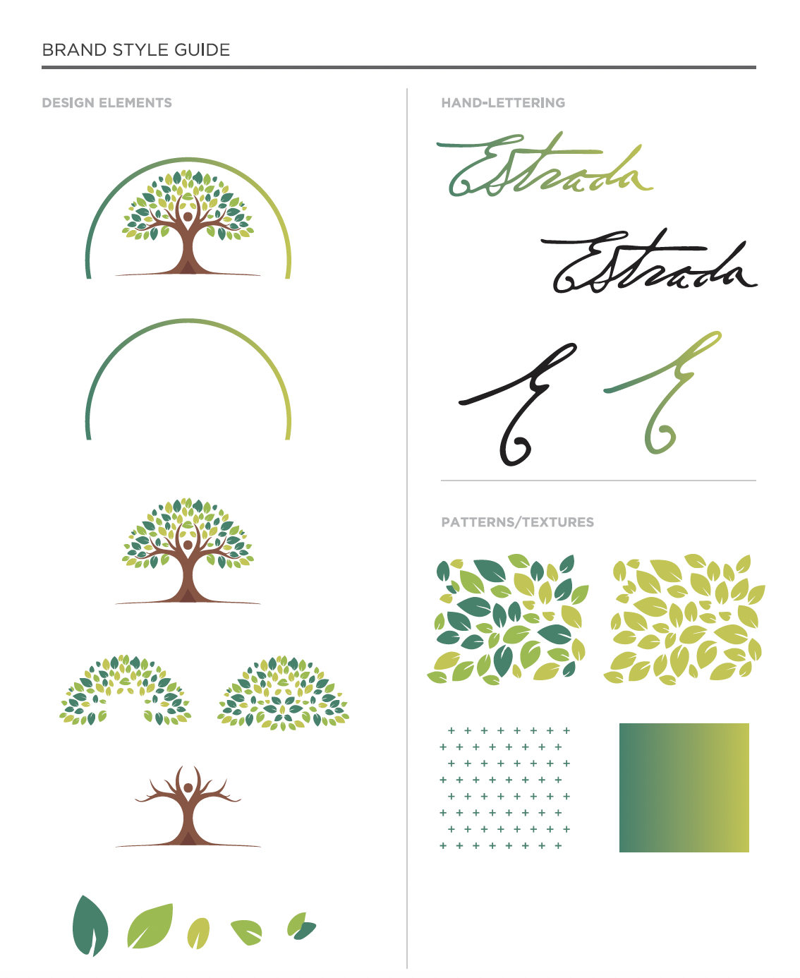 Brand style guide with tree graphics, hand-lettering, and leaf patterns in green, yellow, and brown.