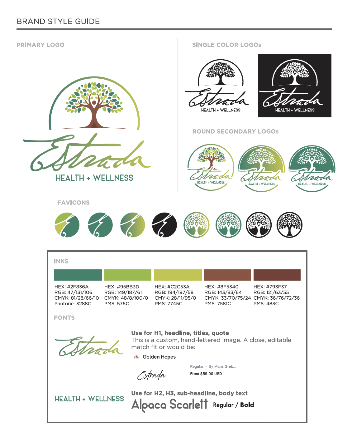 Brand style guide showing logo design, single color logos, round secondary logos, favicons, inks, and fonts for a health and wellness brand named Estrada. The logo features a stylized tree and handwritten-style script with various color options.