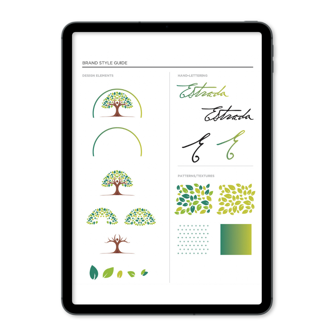 Tablet screen displaying a brand style guide with design elements, hand-lettering samples, and pattern textures, featuring illustrations of trees, leaves, and a color palette in green and brown tones.