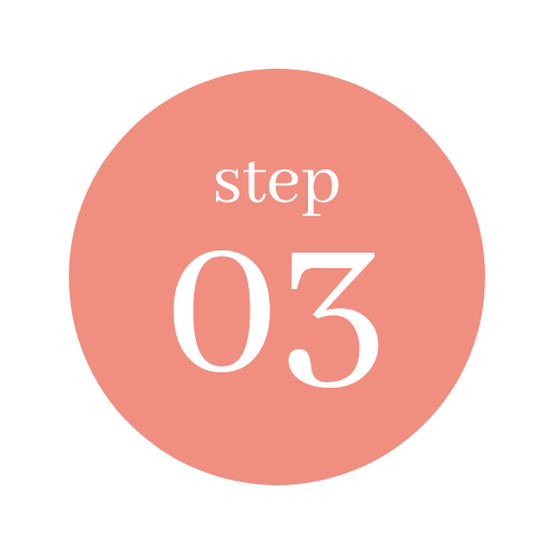 Pink circle with white text that says 'step 03' and smaller text above that says 'step'.
