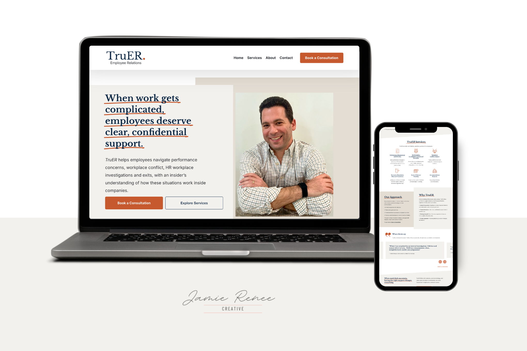 Laptop and smartphone displaying a website for TruER, a service providing confidential support for workplace issues, featuring a smiling man and text about navigating performance concerns.