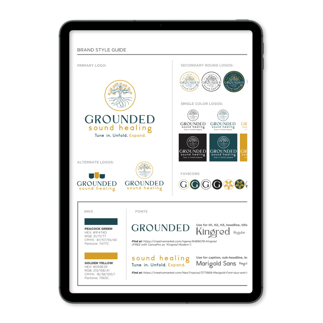 Brand style guide for 'Grounded Sound Healing' showing logo variations, color palette, fonts, and favicon options.