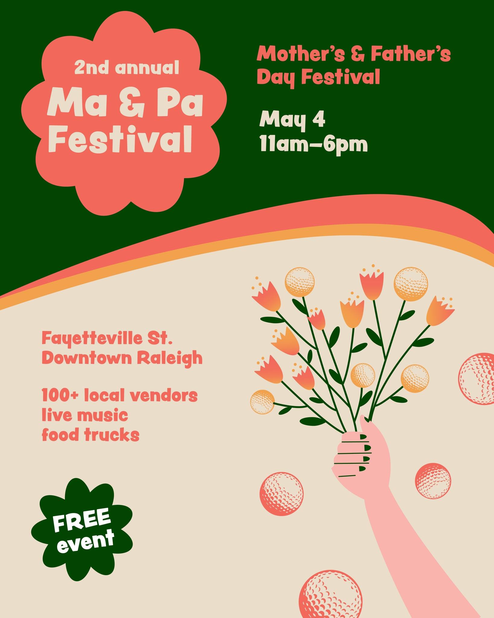 LESS THAN 1 MONTH AWAY!! Keep reading to see all of our new additions!

Join us on Saturday, May 4th for our 2nd largest festival of the year in downtown Raleigh!

Our 2024 Mother's and Father's day festival will feature 100+ local vendors, a DJ (@dj