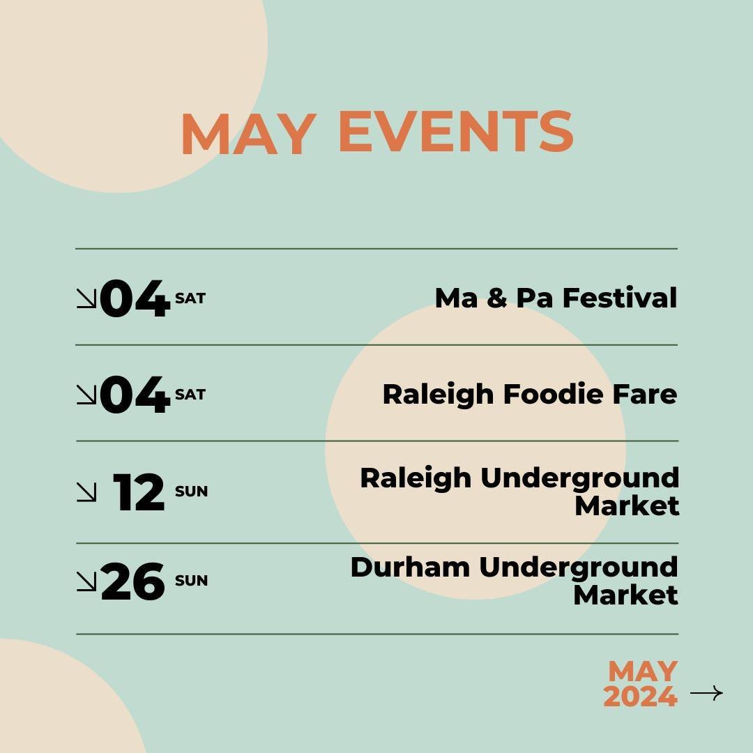 May Festivals and events!!

We've got our first festival of the year and 3 awesome monthly events coming to you in May! Check out all of the deets below👇.

📍May 4th (11am-6pm): Ma &amp; Pa Festival on Fayetteville St. in downtown Raleigh. 
-We have