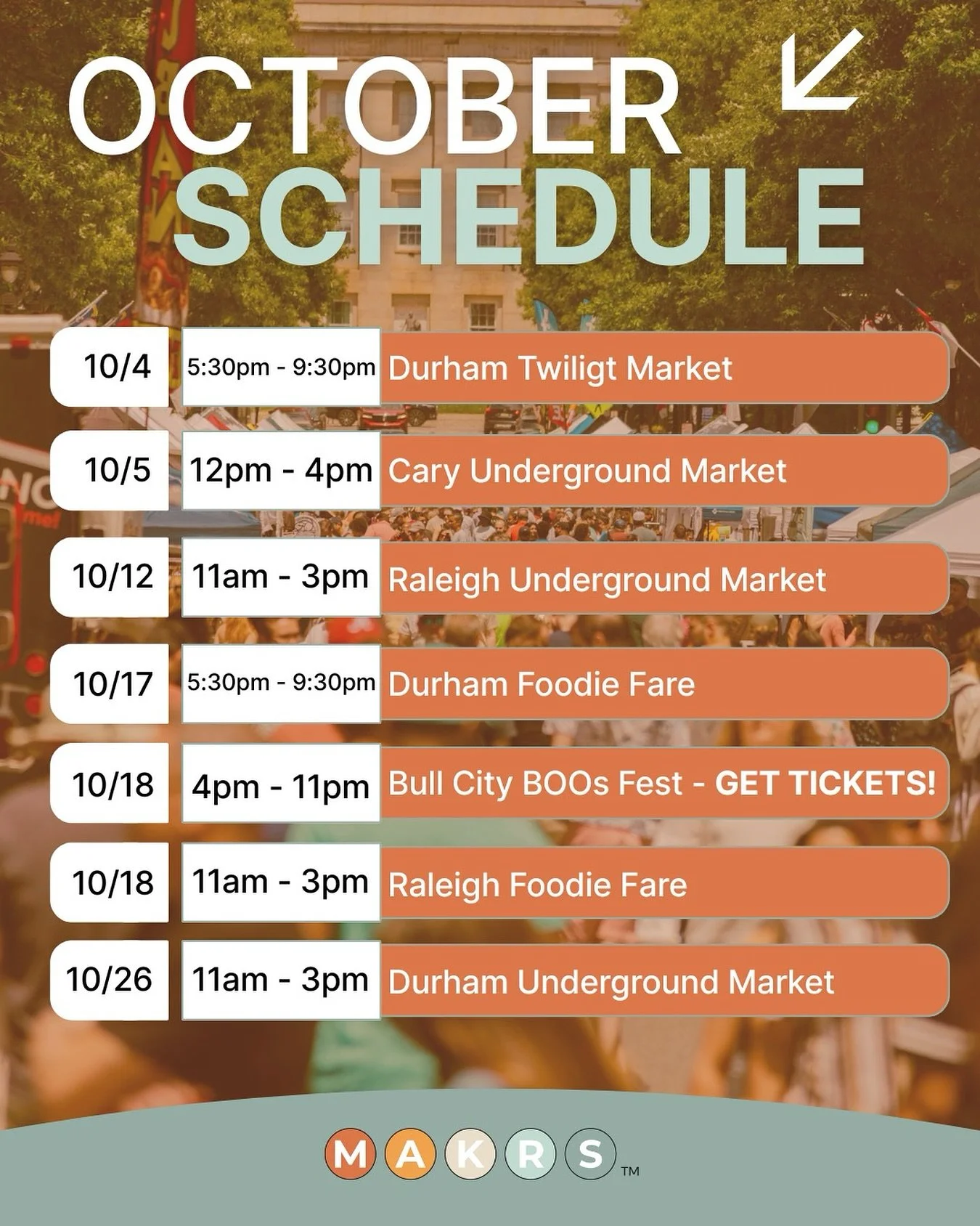 Leaves are falling &amp; so are the best local finds 🍁

October weekends are packed with fall vibes, and we have a full lineup of local markets to keep you busy across the Triangle.

Come support the incredible makers in our community, sip and munch