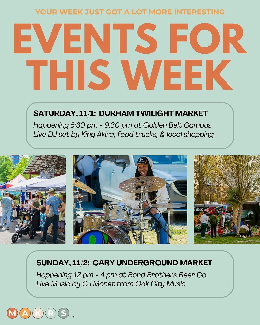 We are starting off November with a bang ‼️ 

We have two killer MAKRS Events happening this weekend in Durham and Cary. Keep on swiping to see find ALL the details. It is going to be a weekend of local fun with shopping, food trucks, live music, lau