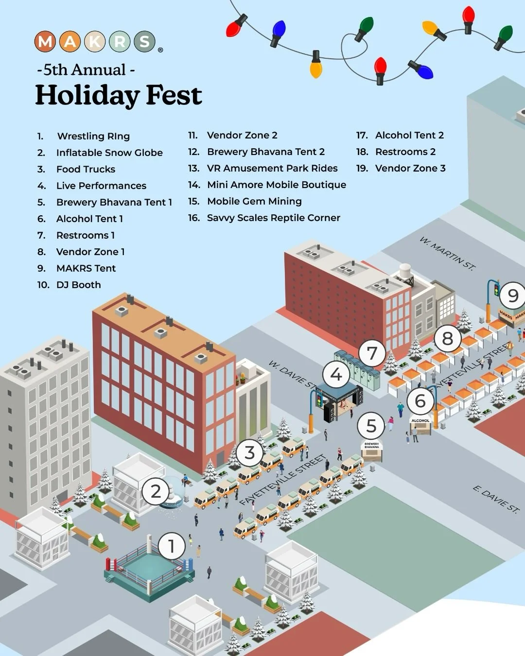 Making your way around our MAKRS Holiday Fest 🎄 

Peep the map and get ready for a fantastic time.

📅 Saturday from 11am - 6pm
📍 Fayetteville Street, Downtown Raleigh
🛍️ 200+ Local NC Vendors
🎟️ Free Admission | Family-Friendly
🎅 Holiday Wrestl
