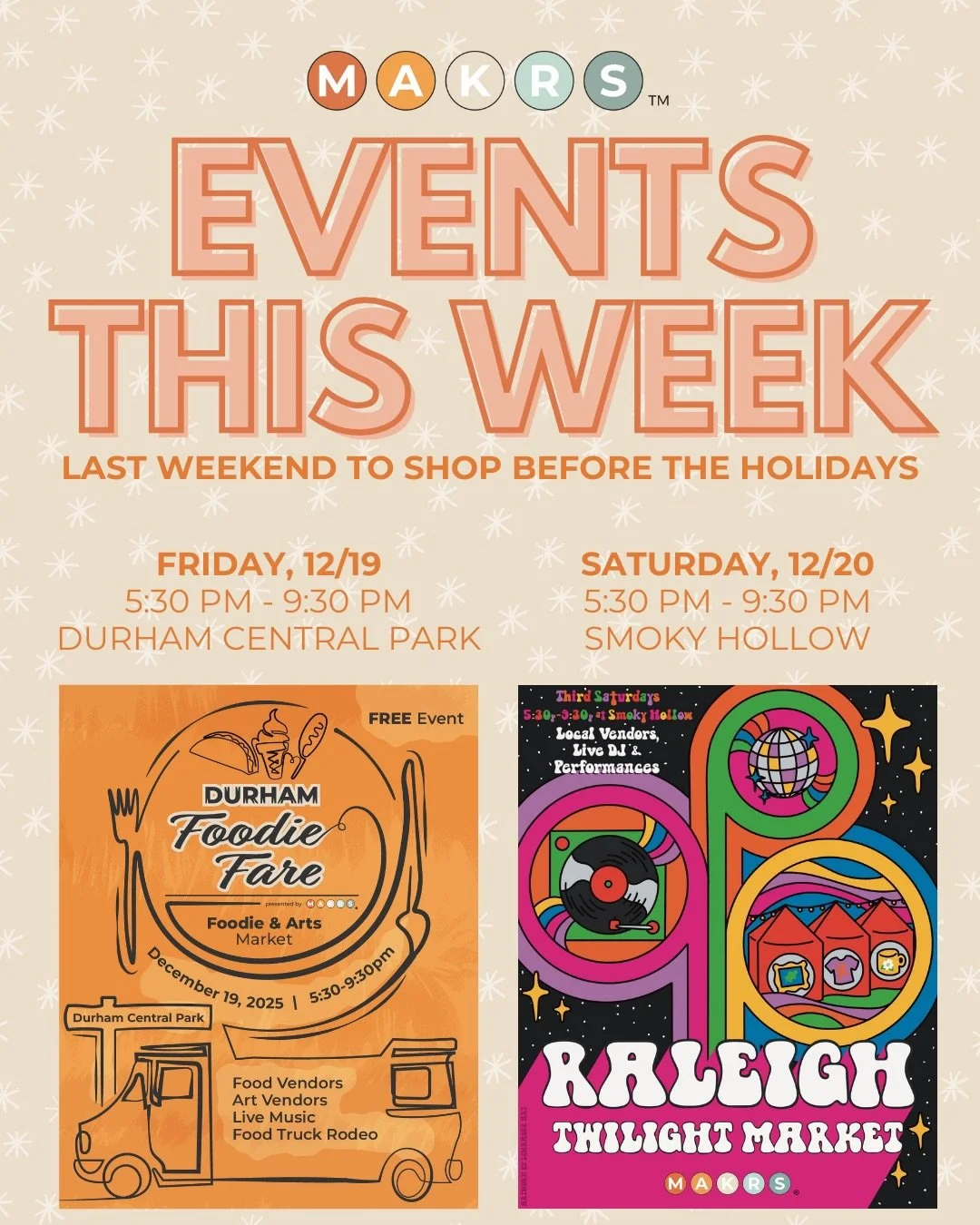 Time is ticking for Holiday shopping 💫 

It is a good thing we&rsquo;ve got you covered with TWO local markets happening this weekend. With something for a foodies, shop after you fill up on delicious food Friday evening. On Saturday evening meander