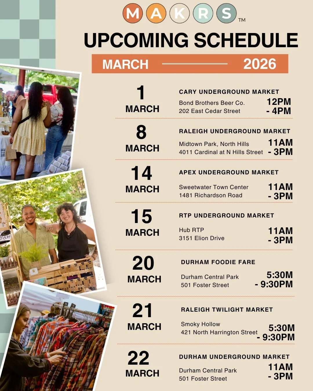 After some Winter rest, we are SO ready to be back!

Starting in March, our monthly markets are returning to the Triangle. We hope everyone is just as excited as we are to bring the community back together again 🧡

@visitnorthhills
@durhamcentralpar