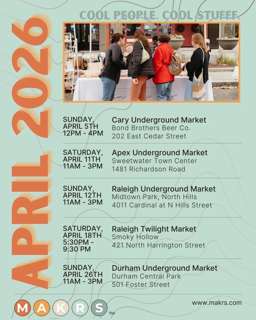 April MAKRS Markets Are Coming ☀️ 🌷 

Find us all-around the triangle, bringing you the best markets with your favorite artisans, food trucks, and local musicians. Mark your calendars!

@visitnorthhills
@durhamcentralpark
@bondbrosbeer
@raleighparks