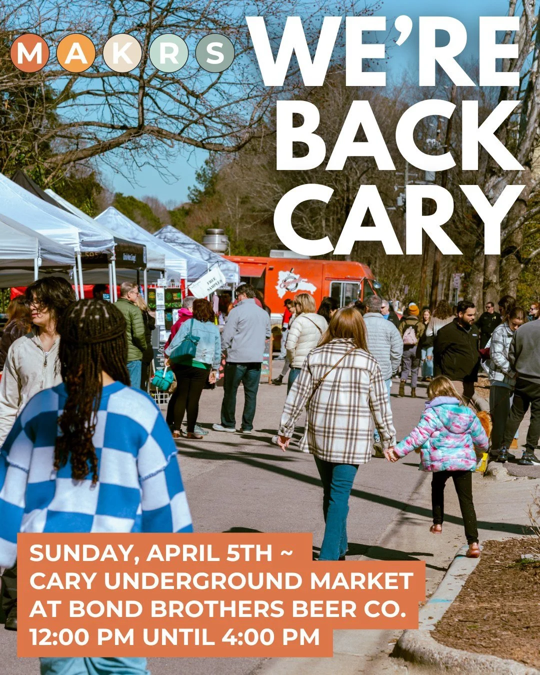 It's time for a Cary Sunday Funday 🛍️ 🍺 🐶 

We are kicking off our April Makrs Markets in Downtown Cary!

Cary Underground Market - Sunday, 4/5
📍 @bondbrosbeer ~ 202 E Cedar Street
🕚 12:00 PM &ndash; 4:00 PM
✨ 40+ Makers &amp; Food Trucks
🎶 Liv