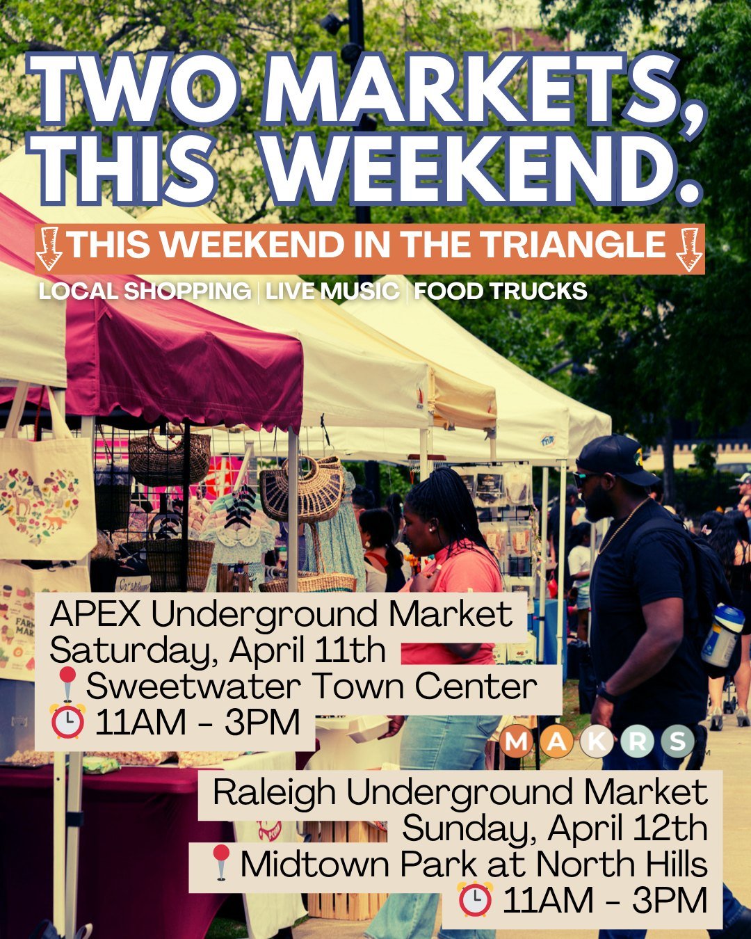 Double Trouble, Back Again 😜 

This weekend, you will find MAKRS in APEX and Raleigh with our Underground Market Series. Shop and dine with local vendors and food trucks, sip local NC beverages, and stroll to enjoy local live tunes. This is where yo