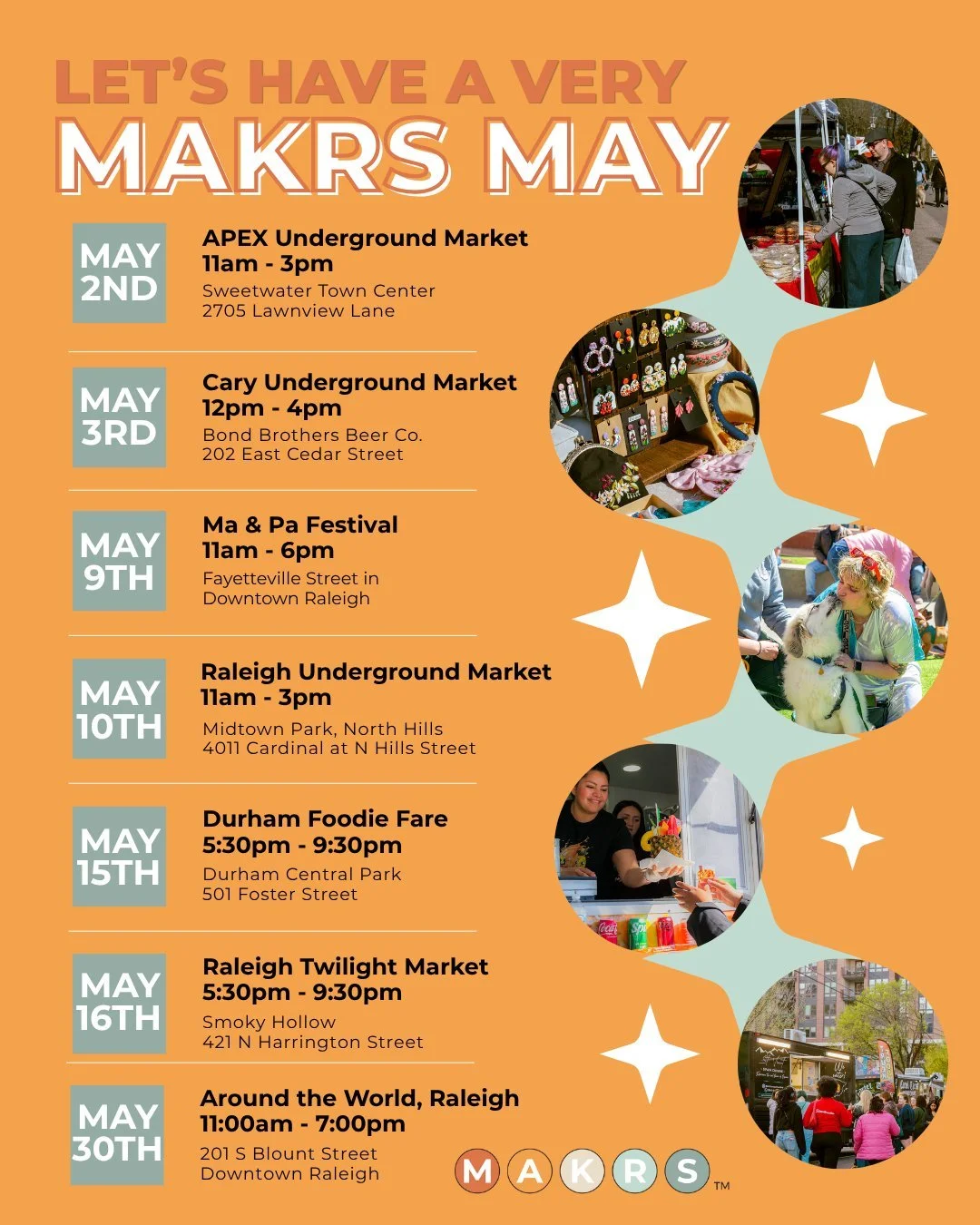 May MAKRS Markets are here ☀️🌿

We&rsquo;re popping up all across the Triangle with the best local artisans, food trucks, and live music. Grab your friends, soak up the sunshine, and start filling your May calendar with market days you won&rsquo;t w