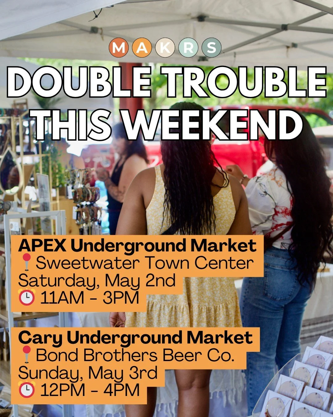 We always have something fun, free, and local. 

Sometimes we even have TWO events in one weekend 😜, allowing us to highlight double the number of local artists, food trucks, and vendors from North Carolina. We hope to see you out supporting local t