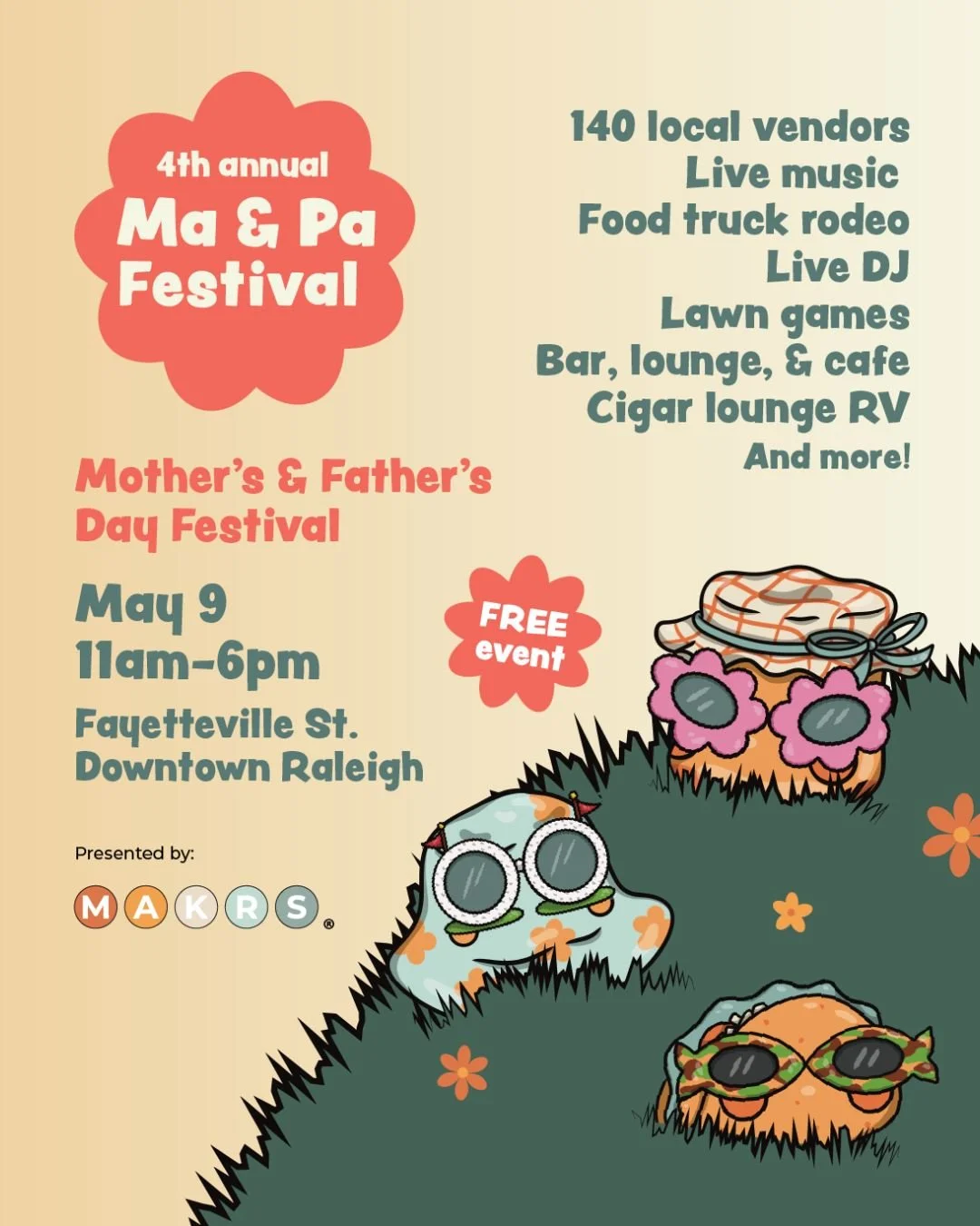 🎉 Next Saturday! 🎉

Get ready for the Ma &amp; Pa Festival in Downtown Raleigh!

Come celebrate Mother&rsquo;s Day &amp; Father&rsquo;s Day with 100+ local vendors, live music, delicious food trucks, and a fun lounge area! It&rsquo;s the perfect fa