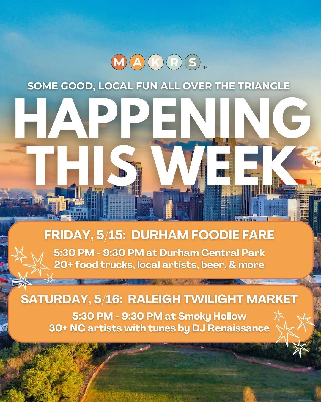 Have a Lovely Spring Weekend 🧡 ⛅️ 🌈 

Durham Foodie Fare ~ Friday, 5/15
📍 @durhamcentralpark | 501 Foster St.
🕚 5:30 PM &ndash; 9:30 PM
🍔 20+ Food &amp; Drink Trucks
🛍️ 20+ Local NC Artists

Raleigh Twilight Market ~ Saturday, 5/16
📍 @smokyhol