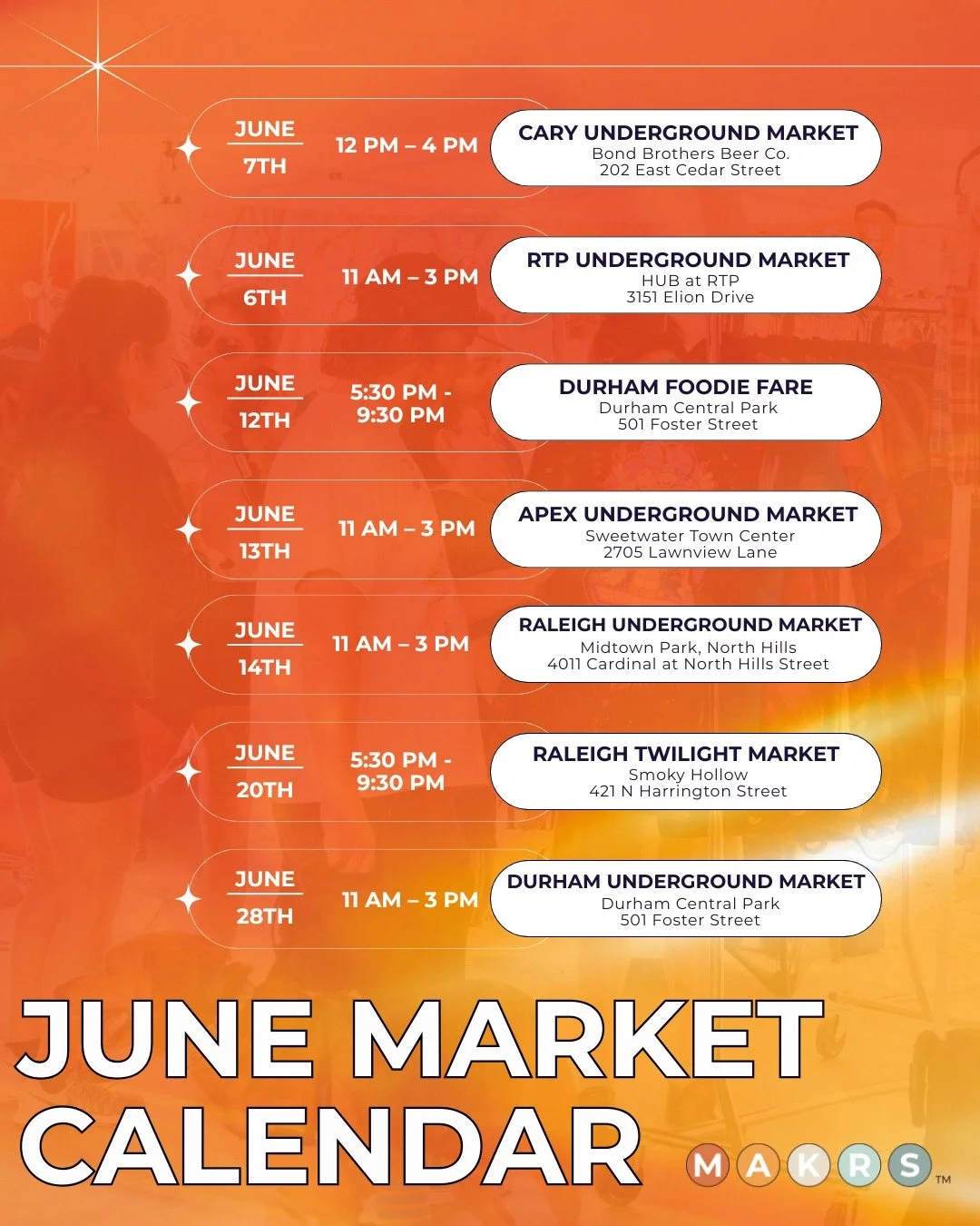 7 Markets. Endless Local Finds.

June MAKRS Markets are here, and we&rsquo;re popping up all across the triangle with your favorite artisans, vintage vendors, food trucks, live music, and community vibes all month long 🌻

Mark your calendars &amp; s