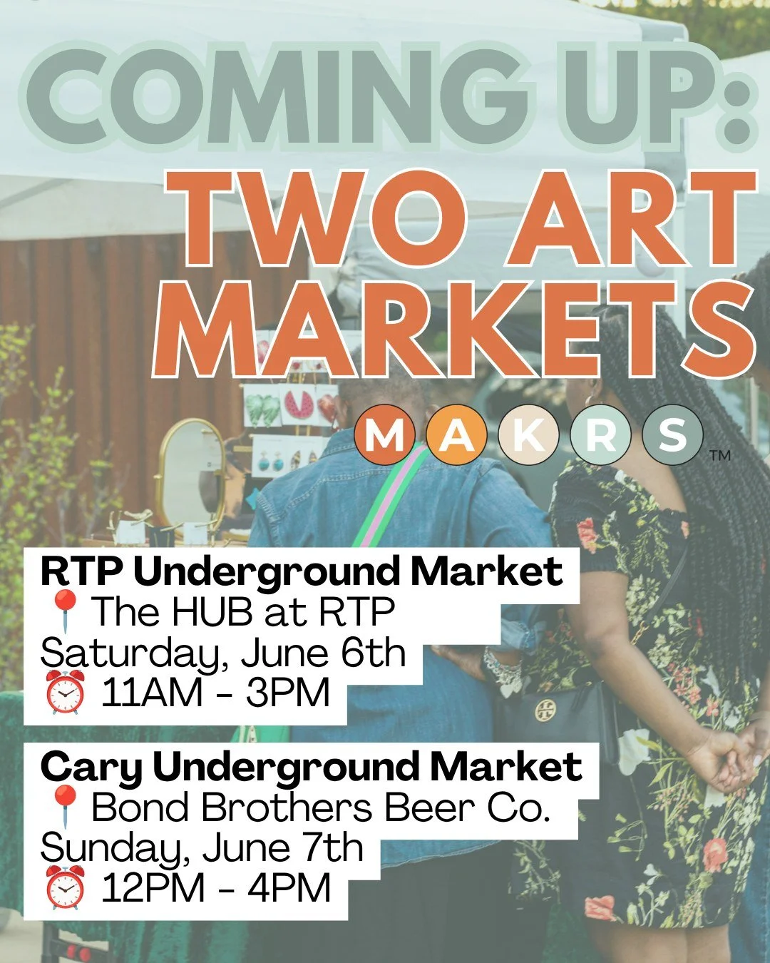 We've got a 2 for 1 deal this weekend ✌️ 

RTP UNDERGROUND ~ Satuday, 6/6
📍 @hubrtp | 3151 Elion Drive
🕚 11:00 AM - 3:00 PM
✨ 35+ NC Makers, Food Trucks &amp; More
🎶 Live Tunes by @emersonbrunomusic
🍔 Local NC Food Trucks

Cary Underground Market