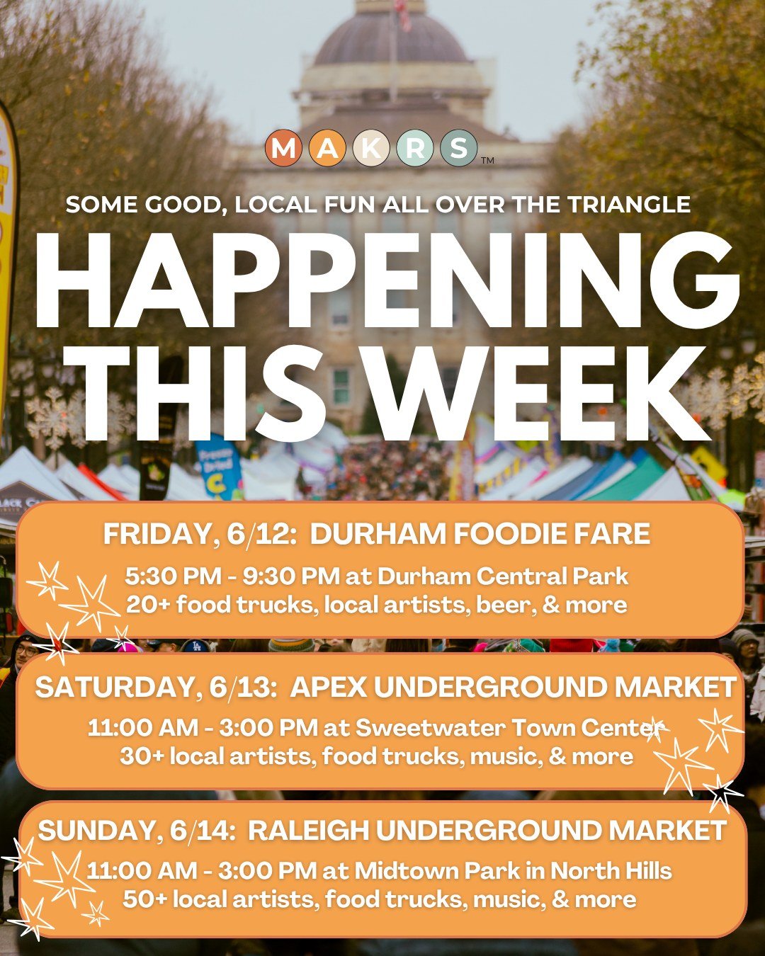 We have a BUSY makrs weekend ahead 🔥 

Durham Foodie Fare ~ Friday, 6/12
📍 @durhamcentralpark | 501 Foster St.
🕚 5:30 PM &ndash; 9:30 PM
🍔 20+ Food &amp; Drink Trucks
🛍️ 20+ Local NC Artists

APEX UNDERGROUND ~ Saturday, 6/13
📍 @sweetwaterapex 