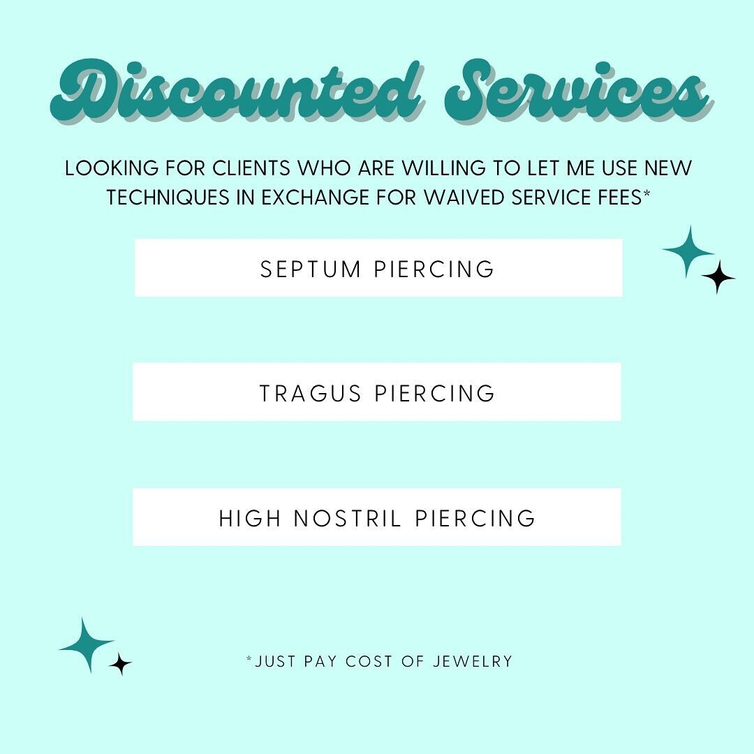 I am looking for clients who would like to get these three piercings for no service fee (just the cost of jewelry) so that I can practice new techniques in order to do better piercings. Please message me to set up a date and time to do these piercing