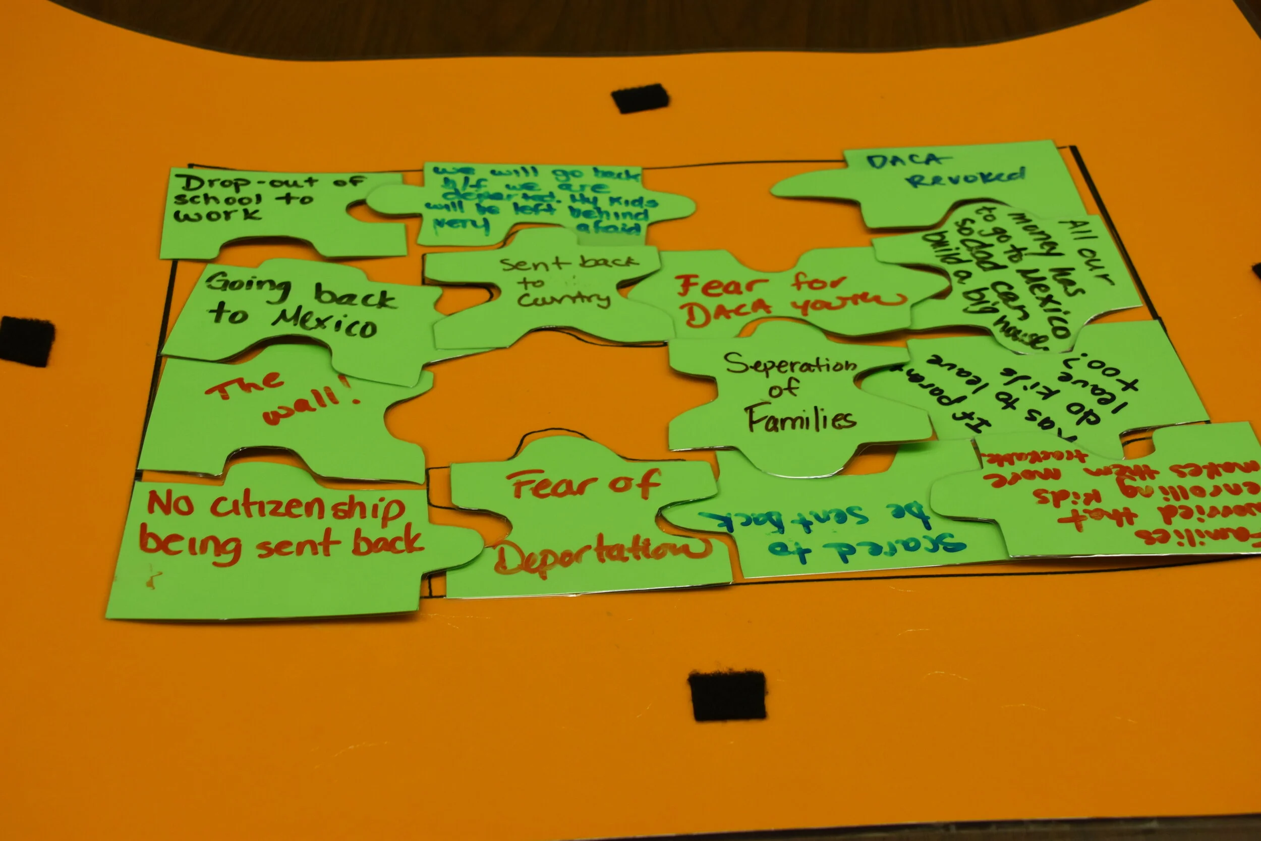 Colorful puzzle pieces with handwritten notes about fears related to deportation and separation of families, on an orange table.