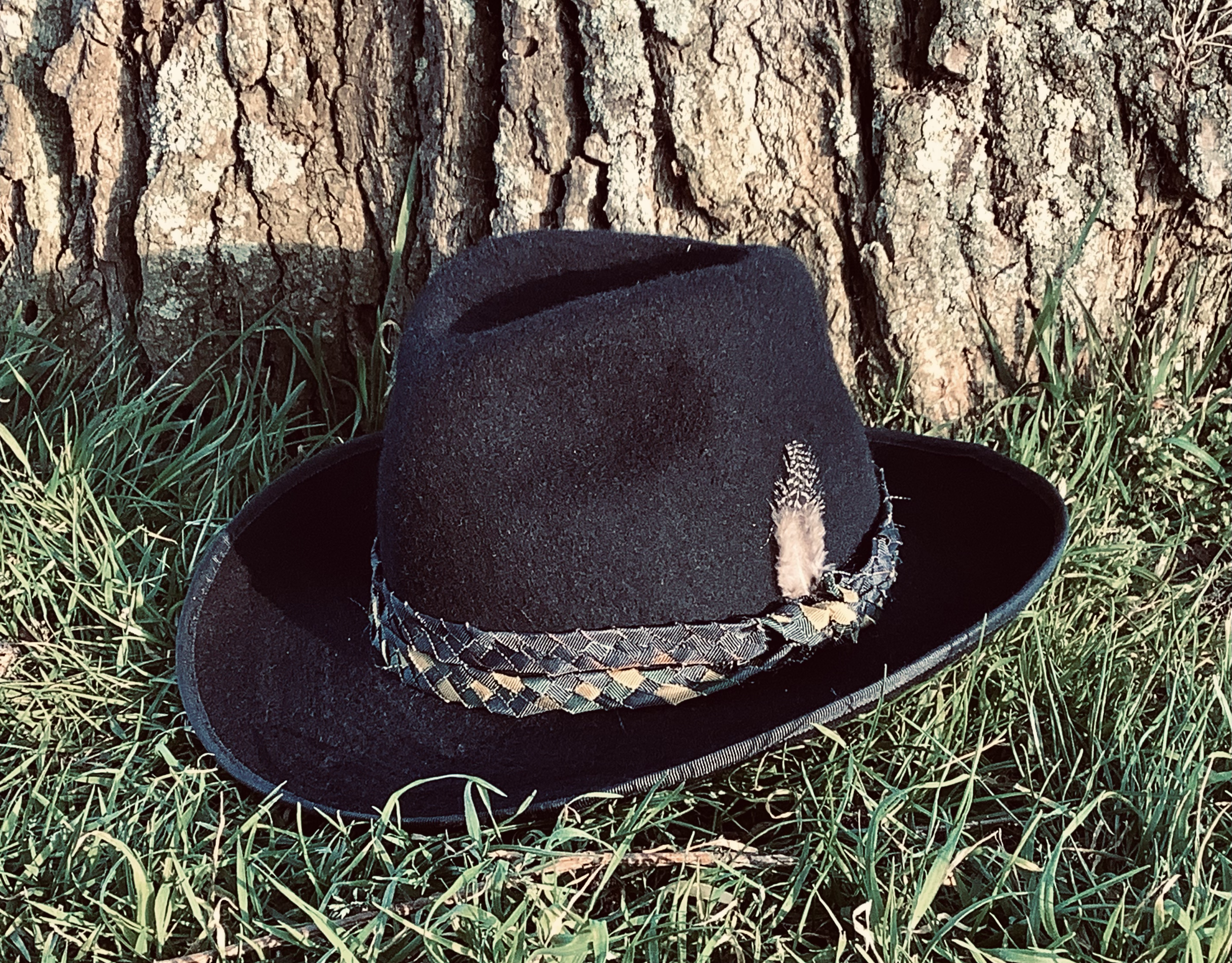 Evoking a peaceful, countryside feel, a Makshy fedora sits in the sunlit grass against the textured bark of a tree. The hat is accented with a rustic, braided band and a single game bird feather.