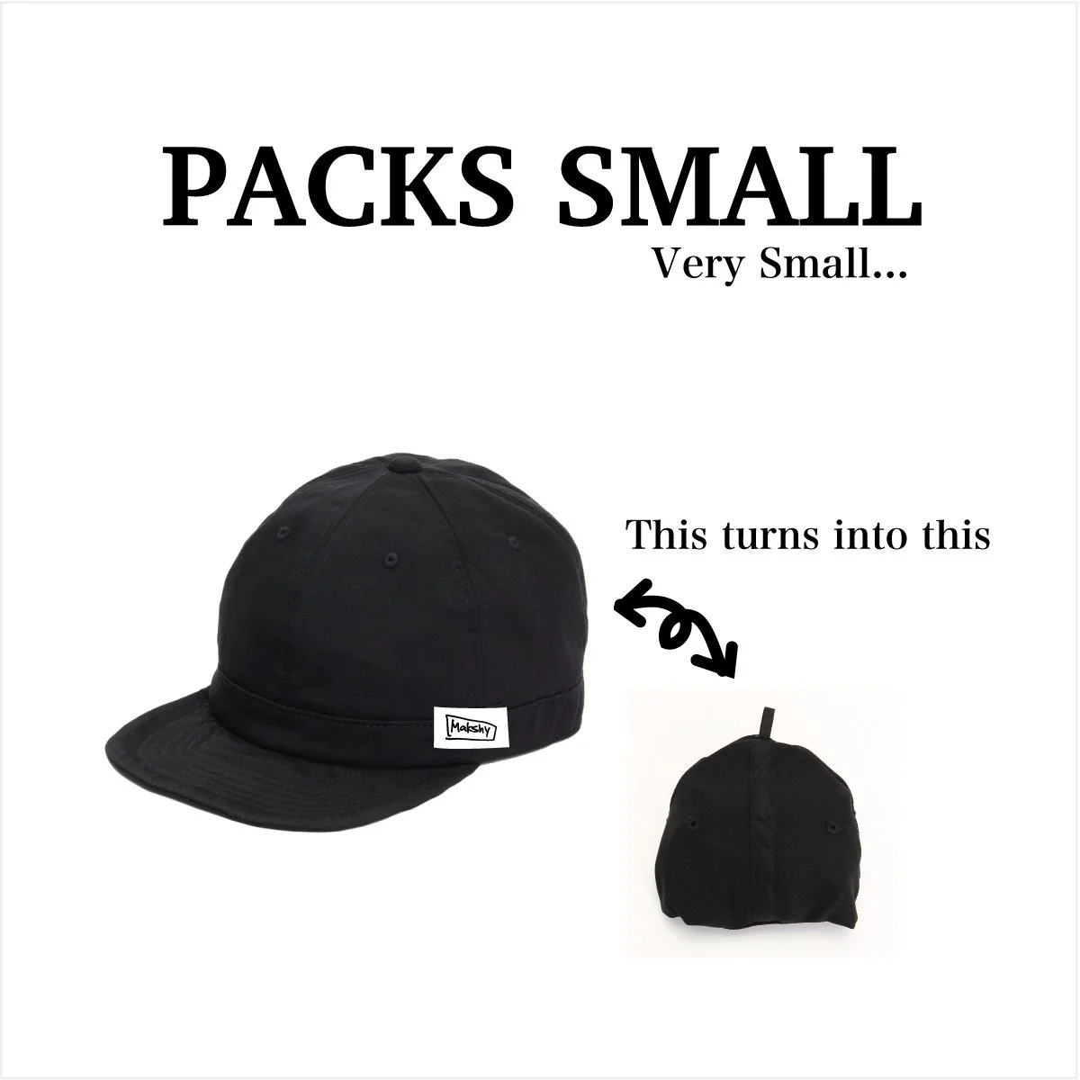 Foldable six-panel baseball cap shown in full size and packed into its compact storage form.