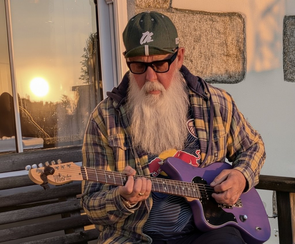 A man wearing a Makshy green denim baseball cap plays an electric guitar outdoors at sunset, dressed casually in a plaid shirt with warm sunlight reflecting on the wall behind him.