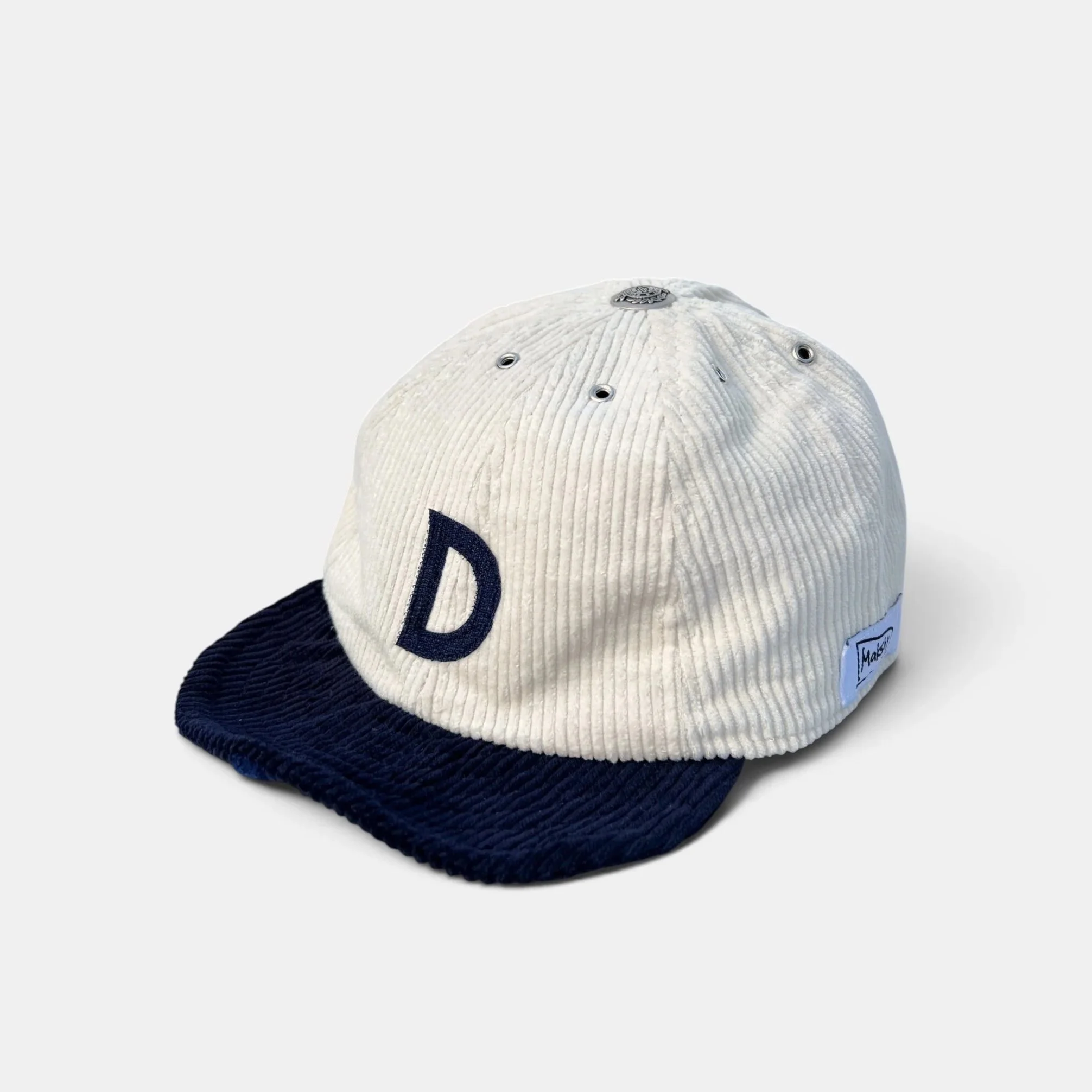 Off-White Corduroy Cap with Navy Roll-up Visor