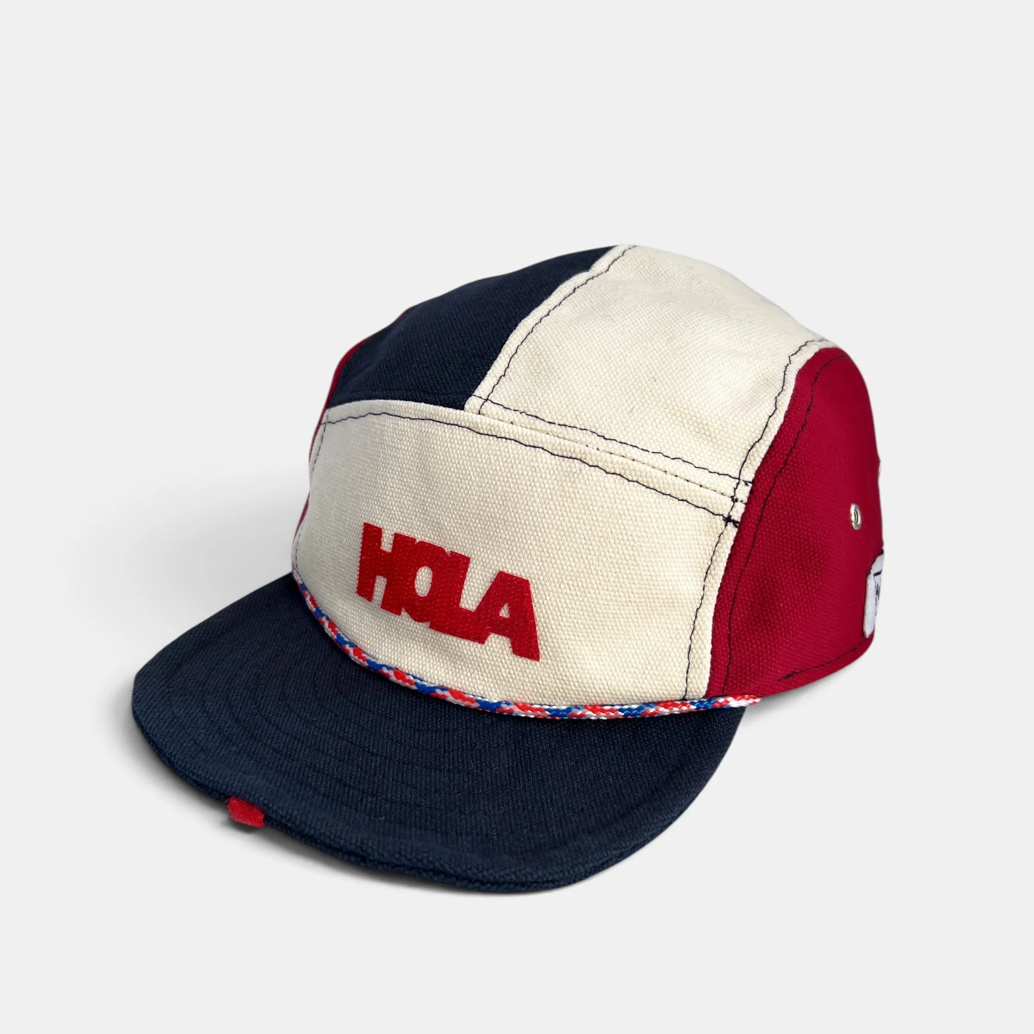 Red, navy and off-white cotton canvas five-panel cap with HOLA motif, rope trim and flat visor.