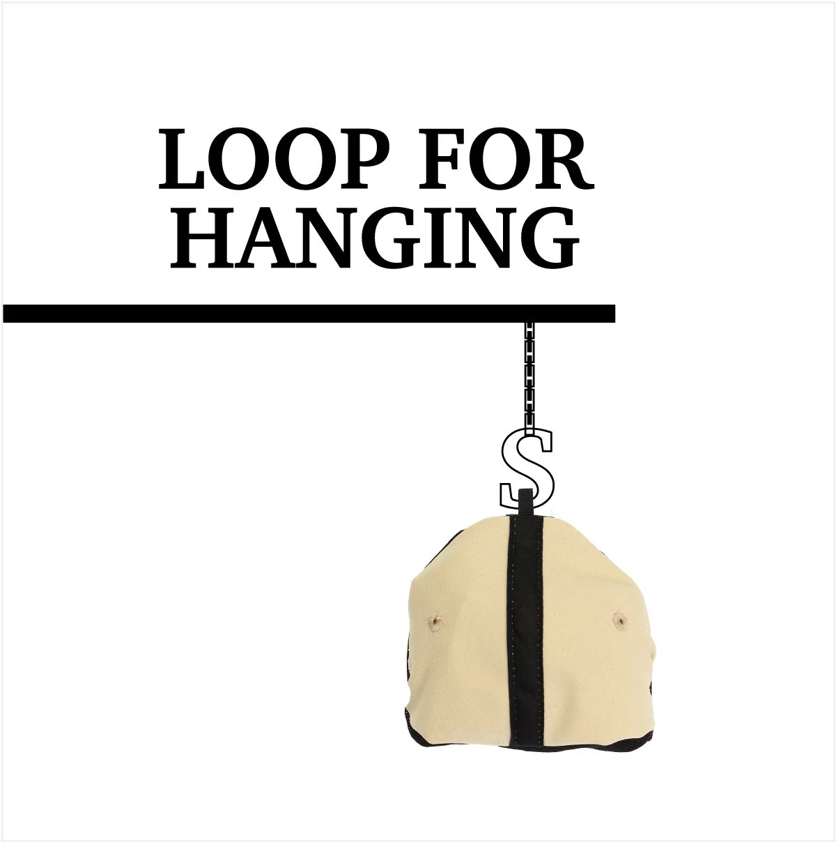 Folded six-panel baseball cap hanging from its integrated utility loop for convenient storage.