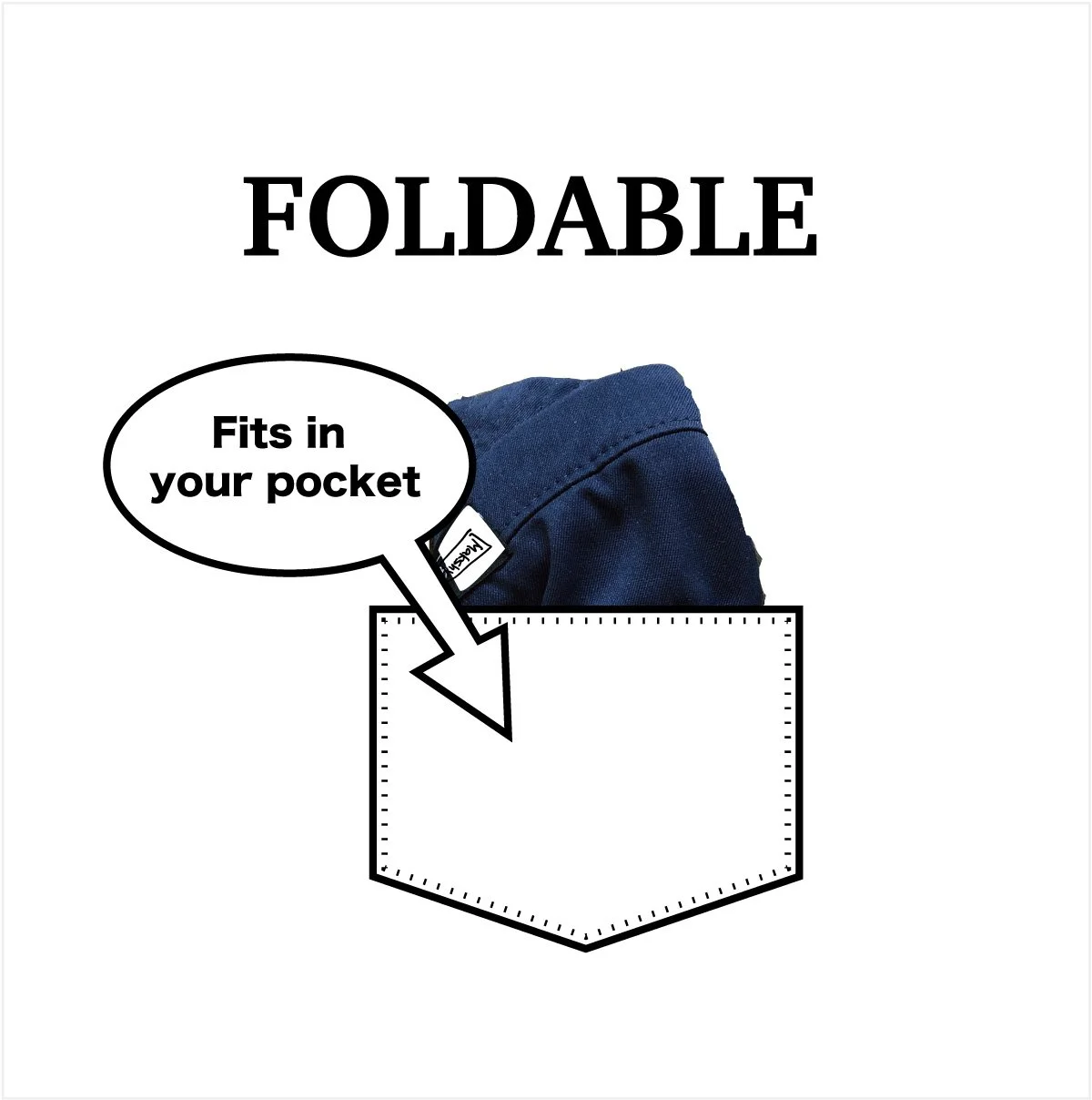 Foldable six-panel baseball cap compactly folded to fit inside a pocket for easy carrying
