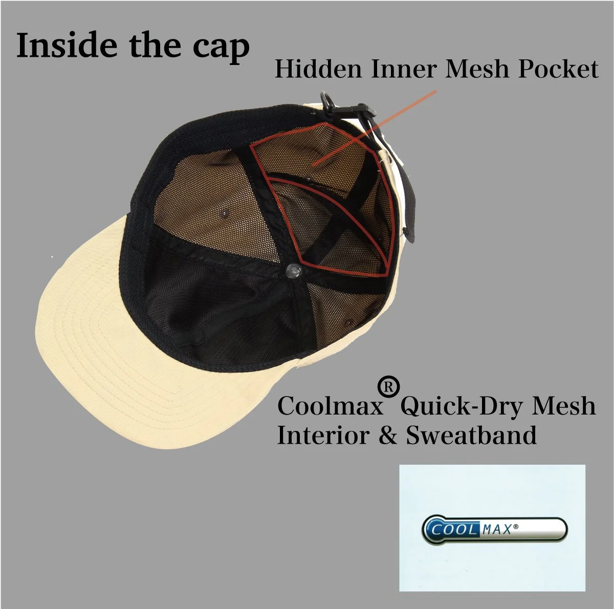 Interior view showing Coolmax® quick-dry mesh lining, sweatband and hidden inner mesh pocket.