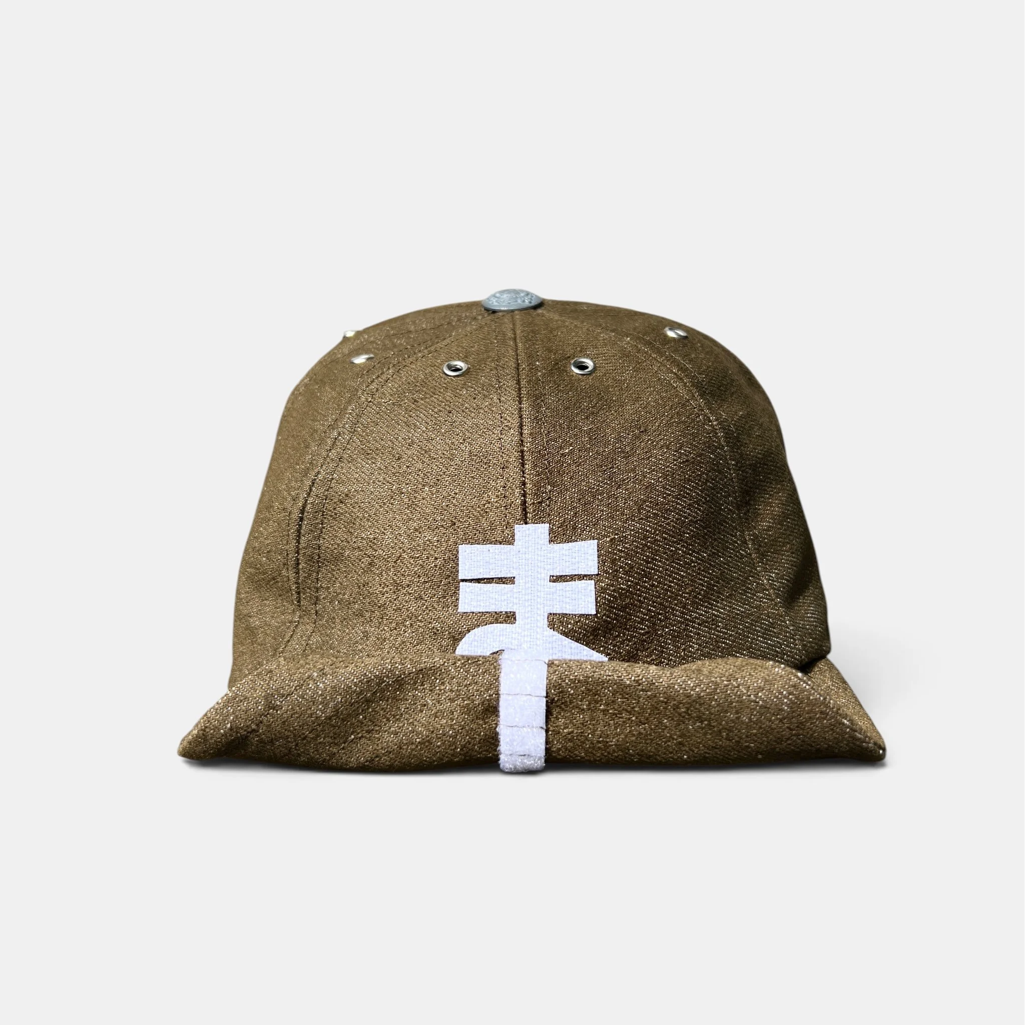 Front view of olive-brown cotton denim cap with roll-up wired visor and white personalised motif