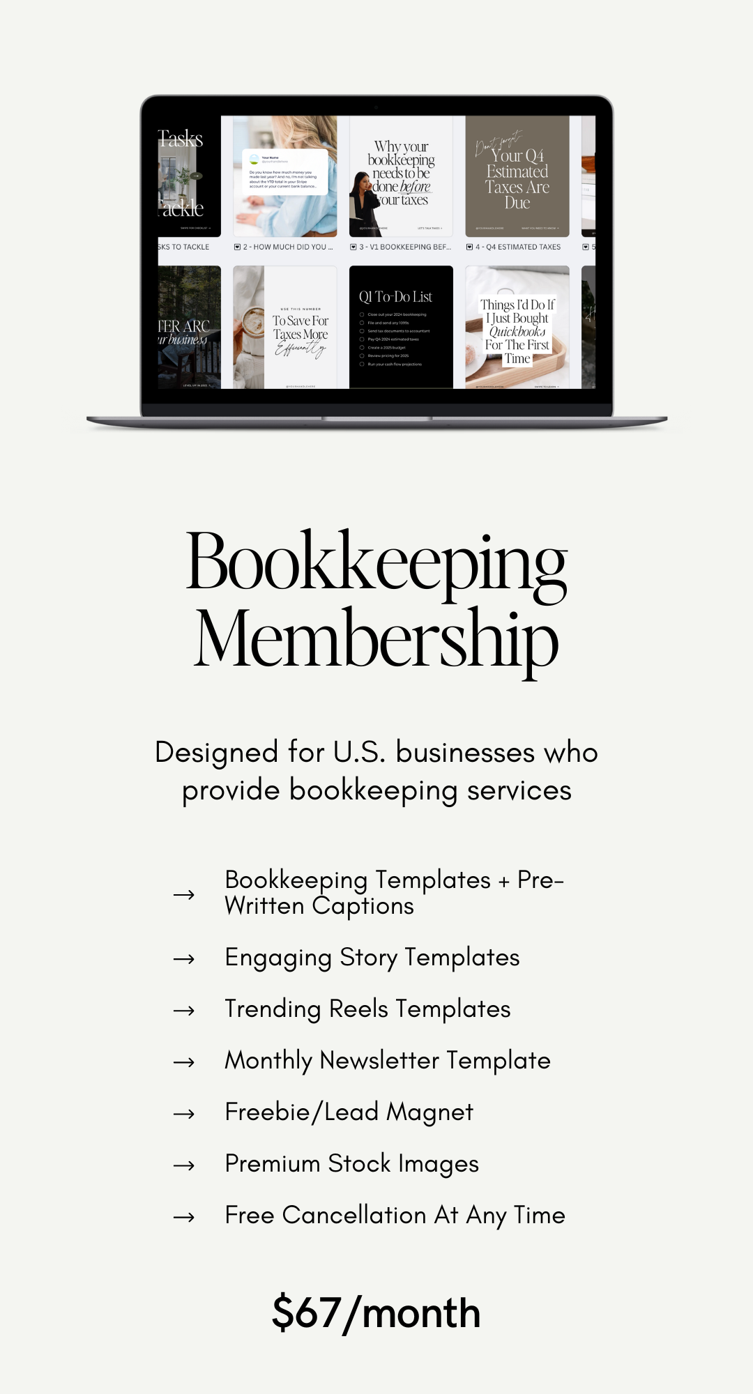 A promotional webpage for bookkeeping membership services featuring a laptop displaying various digital cards and documents, with the heading 'Bookkeeping Membership' and details about services offered, targeting U.S. businesses, priced at $67 per month.