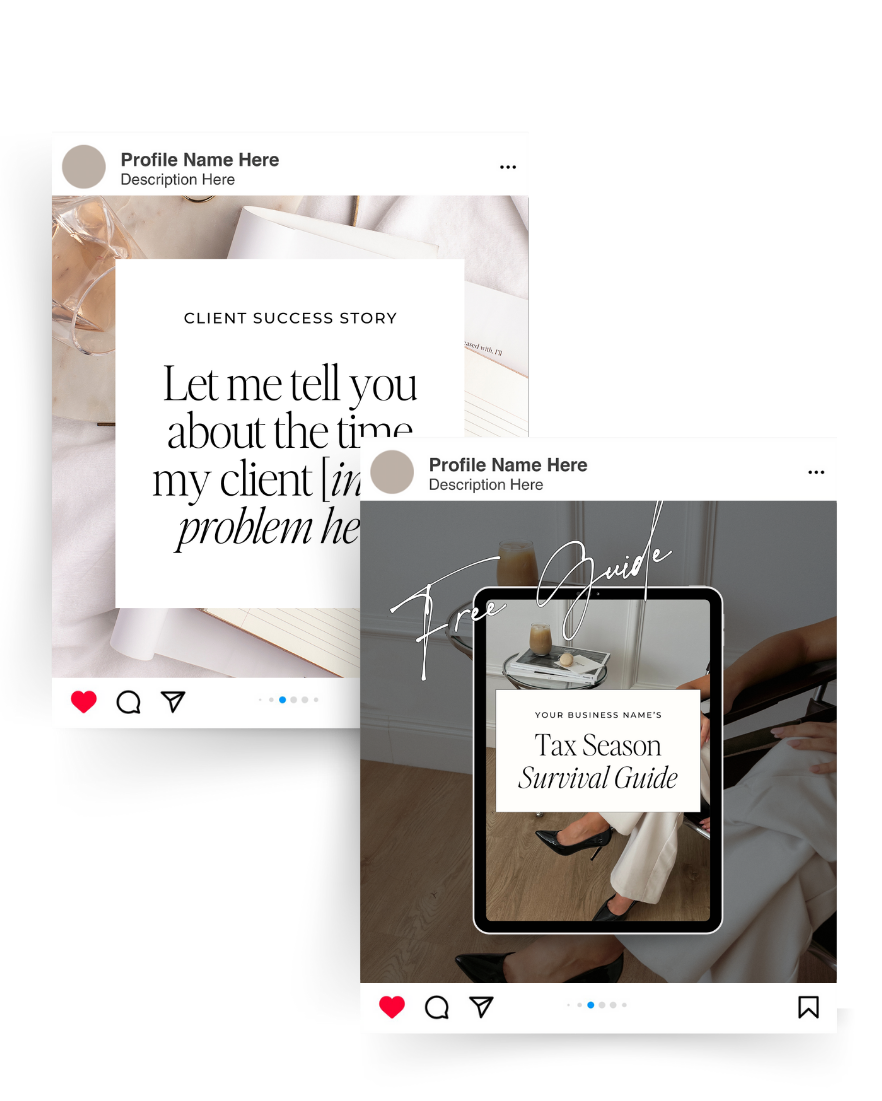 Social media posts featuring a client success story and a tax season survival guide for a business.