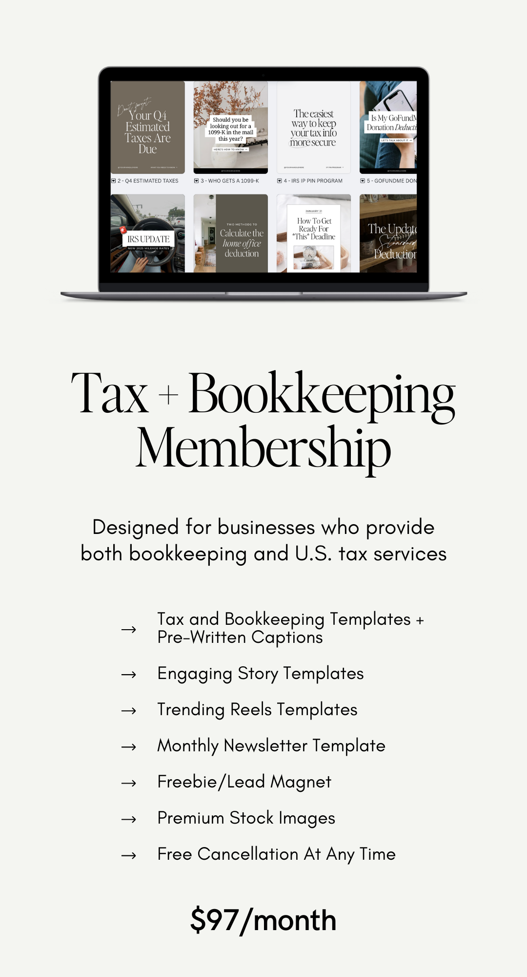 A promotional poster advertising a tax and bookkeeping membership service, featuring a laptop displaying digital templates, with text describing the service's features and price of $97 per month.