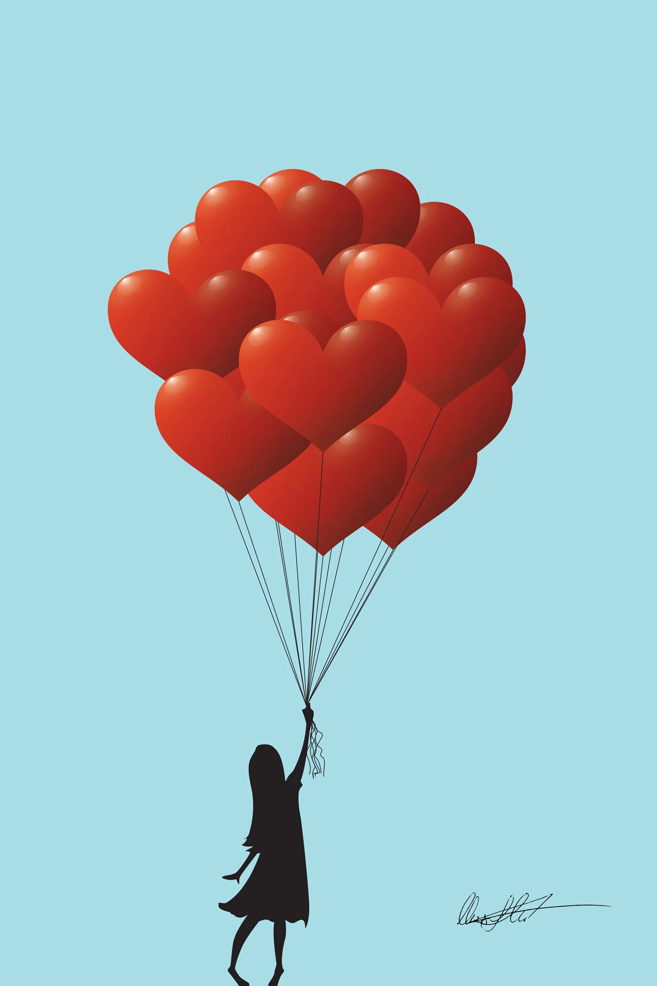 Girl Holding Heart Balloons Illustration