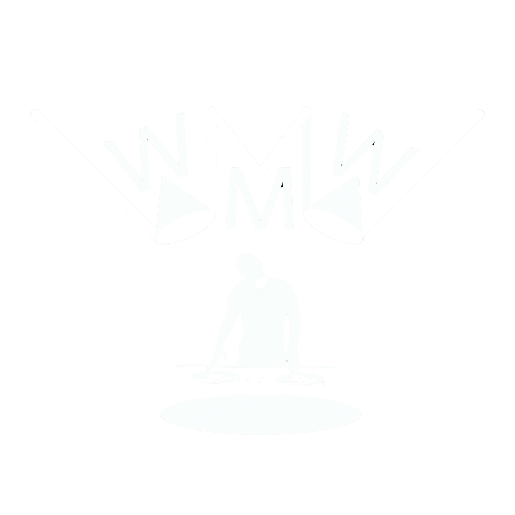 A black background with white skeletal sketches of a person and a megaphone at the top, and a person playing a turntable at the bottom.
