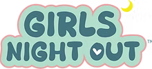 Text saying 'Girls Night Out' with decorative hearts and pastel colors.