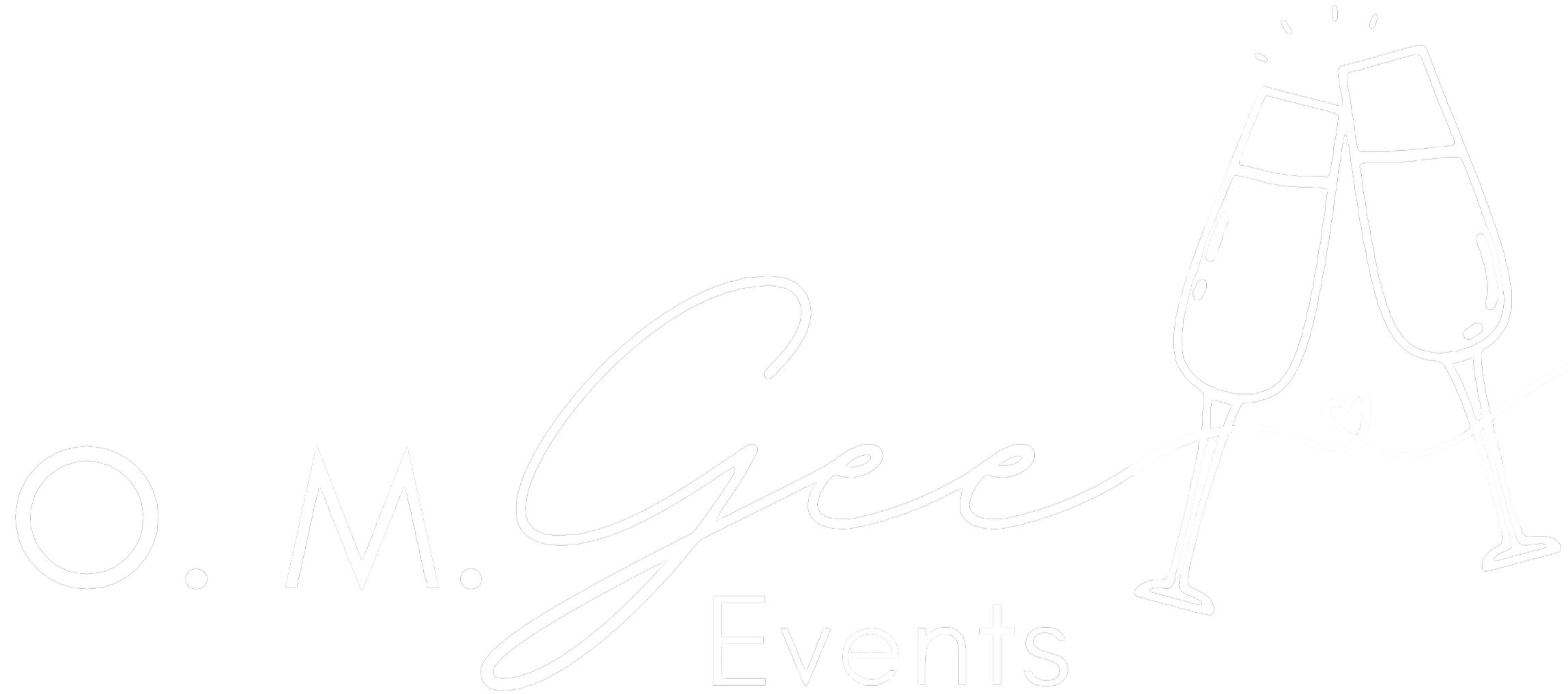 A black background with white text that reads 'O.M. gee Events' and a white line drawing of two champagne glasses clinking, with a small heart connecting them.