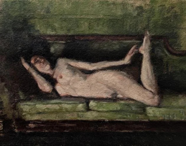 Fine Art oil on paper piece by VK of freelance nude model Dane Halo