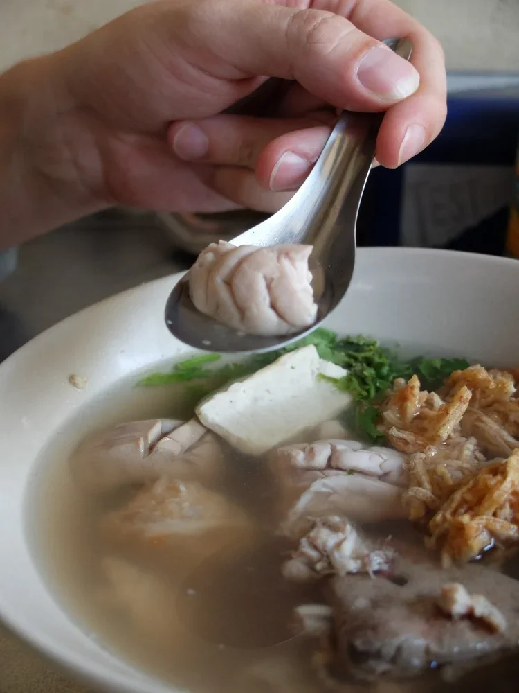 Close-up of a hand holding a spoon with a piece of meat over a bowl of soup with chicken, vegetables, and herbs.