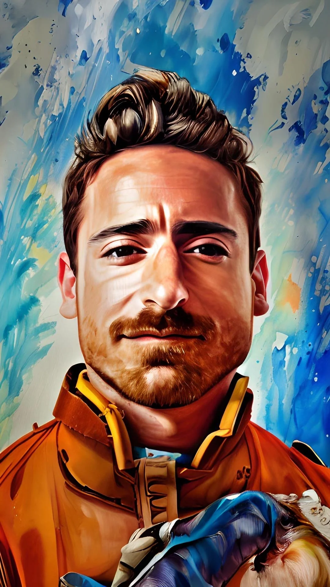 A colorful painting of a man with a beard and mustache wearing an orange jacket, set against a vibrant blue and green abstract background.
