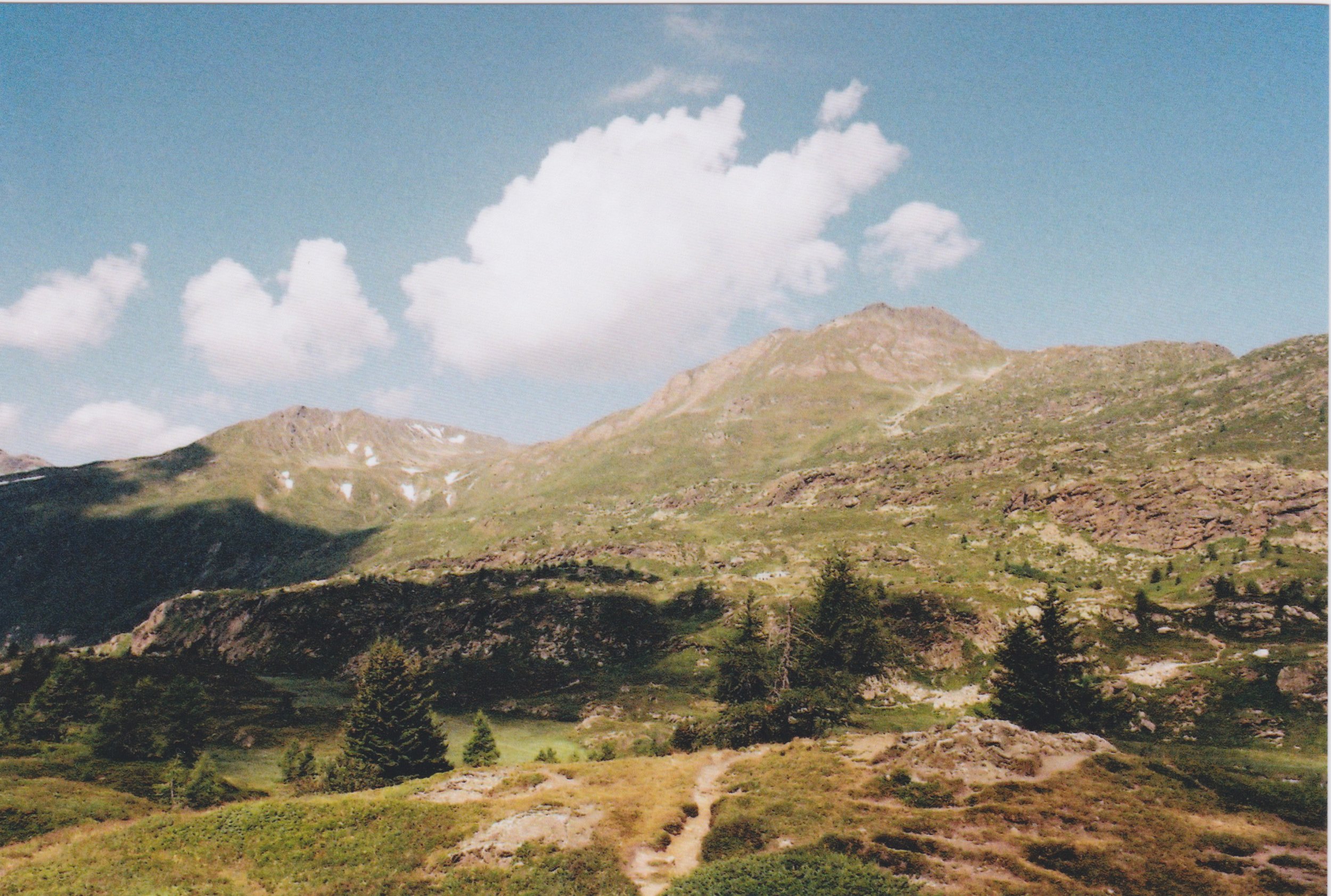 Mountain landscape with grassy slopes, scattered trees, and fluffy clouds in a blue sky.