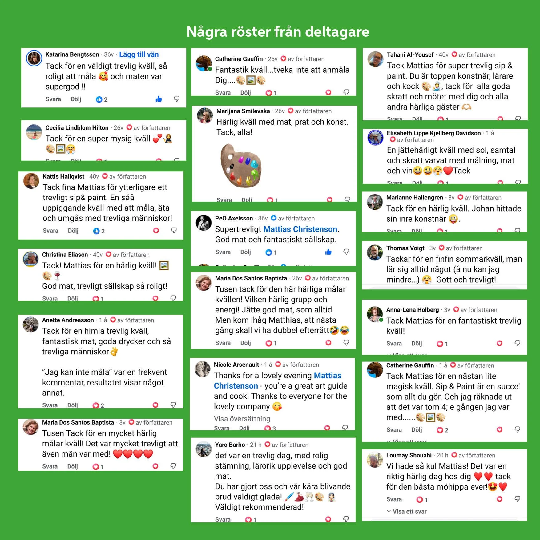 Collage of social media comments in Swedish with emojis, expressing gratitude and positive experiences at an event.